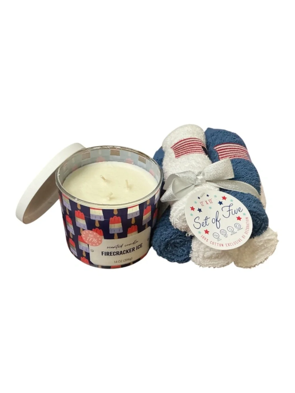 FIRECRACKER ICE  3 wick candle & FIVE PATRIOTIC WASH CLOTHS